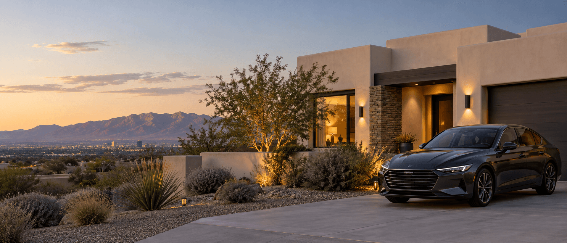 Contemporary Southwestern home and personal vehicle at dusk