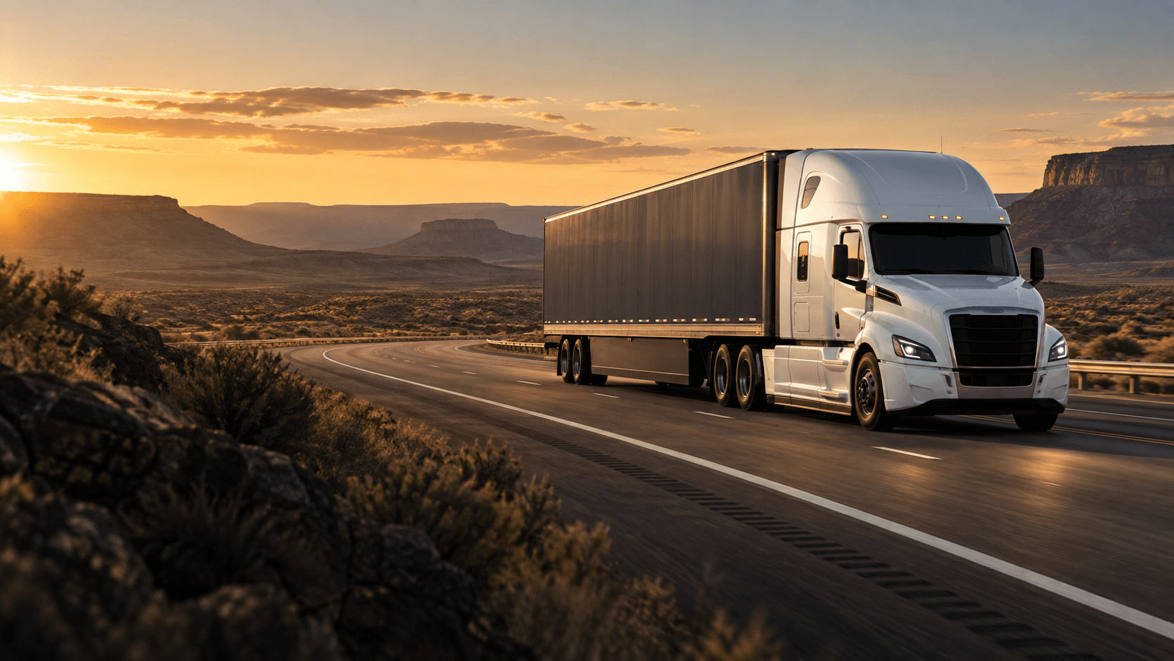 Commercial semi truck traveling on a Southwest highway